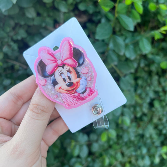 Girly Pink Miss Mouse Badge Reel